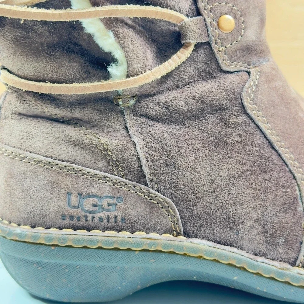 UGG Australia Sunburst Tall Suede Sheepskin Boots Brown Lace Up Womens 7